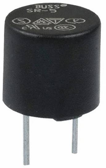 'Buss SR-5' zylindrisches elektronisches Bauteil mit zwei metallischen Stiften für die Schaltungsintegration; gekennzeichnet mit Sicherheitszertifizierungssymbolen.