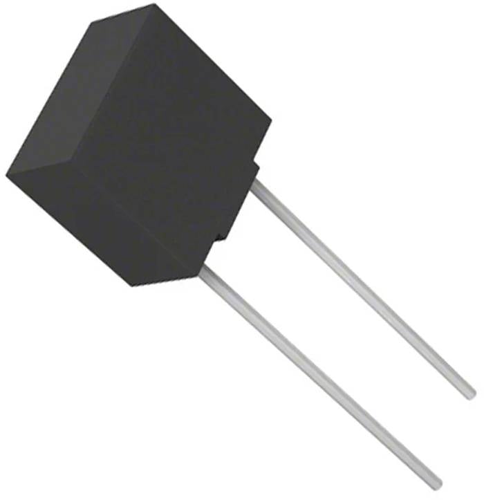 Eine schwarze, rechteckige elektronische Komponente mit zwei Metallanschlüssen, die einem Transistor ähnelt, vor einem einfachen Hintergrund.