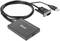 Schwarzer VGA-zu-HDMI-Adapter mit USB-Stromkabel. Aufschrift 'Club 3D'. Adapter für Videoverbindungen von Computern zu Monitoren.