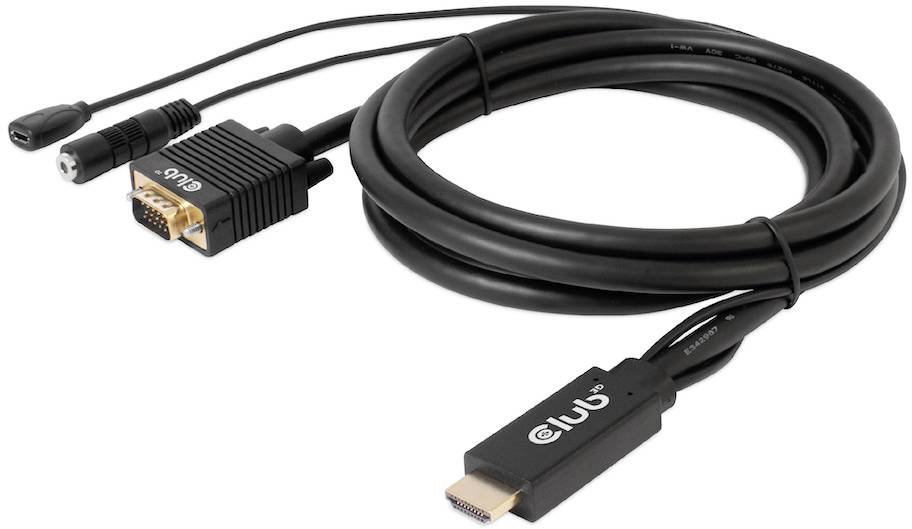 Ein VGA-zu-HDMI-Kabel mit Audiostecker, das zur Verbindung älterer Geräte mit modernen Displays verwendet wird.