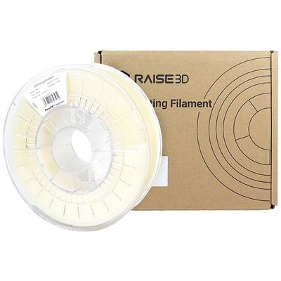 3D-Druckerfilament in einer transparenten Spule, daneben eine braune Verpackung mit schwarzem Aufdruck 'RAISE3D Printing Filament'.