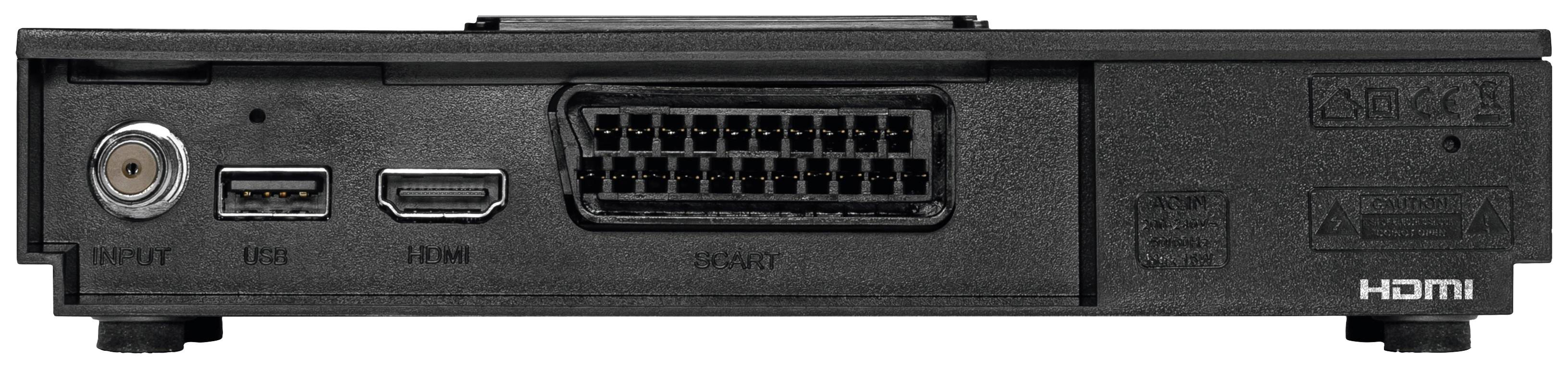 'Rückseite eines elektronischen Geräts mit Anschlüssen: RF IN, USB, HDMI, SCART. HDMI-Logo sichtbar.'