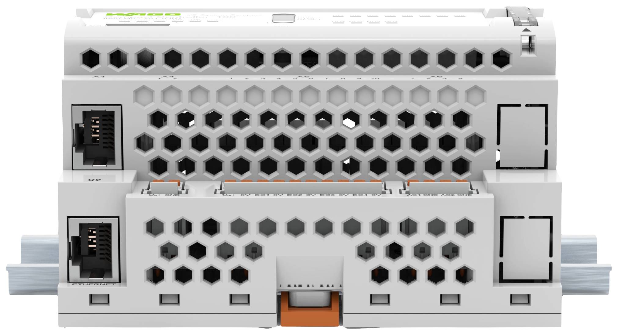 Ein graues elektronisches Gerät mit Wabenstruktur und mehreren Ethernet-Anschlüssen, montiert auf einer blauen Schiene.