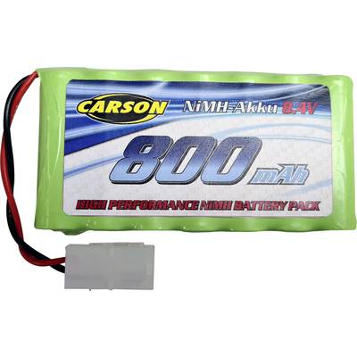 Grüner NiMH-Akkupack mit Aufschrift 'Carson NiMH-Akku 8.4V 800 mAh High Performance NiMH Battery Pack', rote und schwarze Kabel.