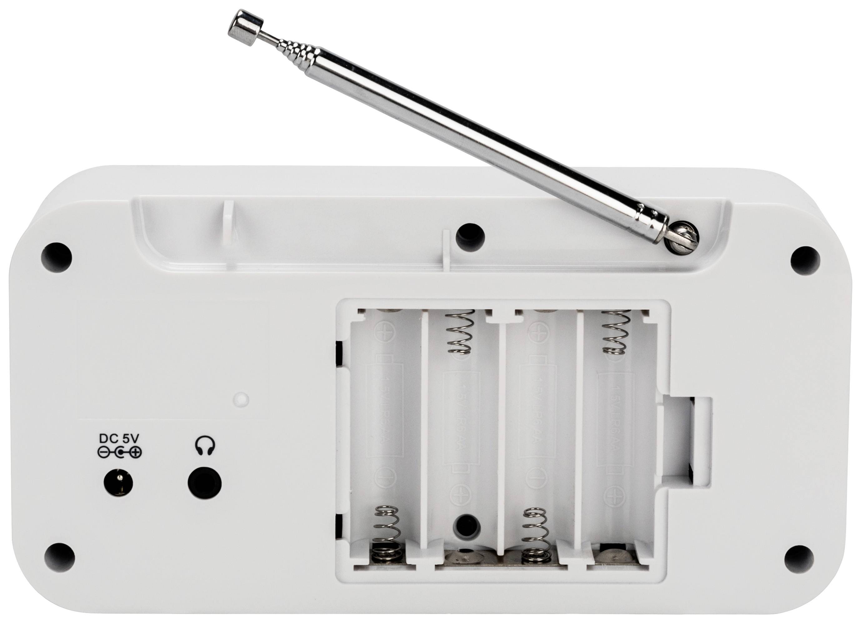 Weißes elektronisches Gerät mit Batteriefach und ausgefahrener Antenne. Auf der Rückseite sind Anschlüsse für Strom (DC 5V) und Kopfhörer.