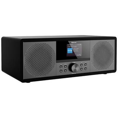 Ein schwarzes tragbares Radio mit zwei Lautsprechern, einem Bildschirm in der Mitte, mehreren Tasten und einem Drehknopf darunter.