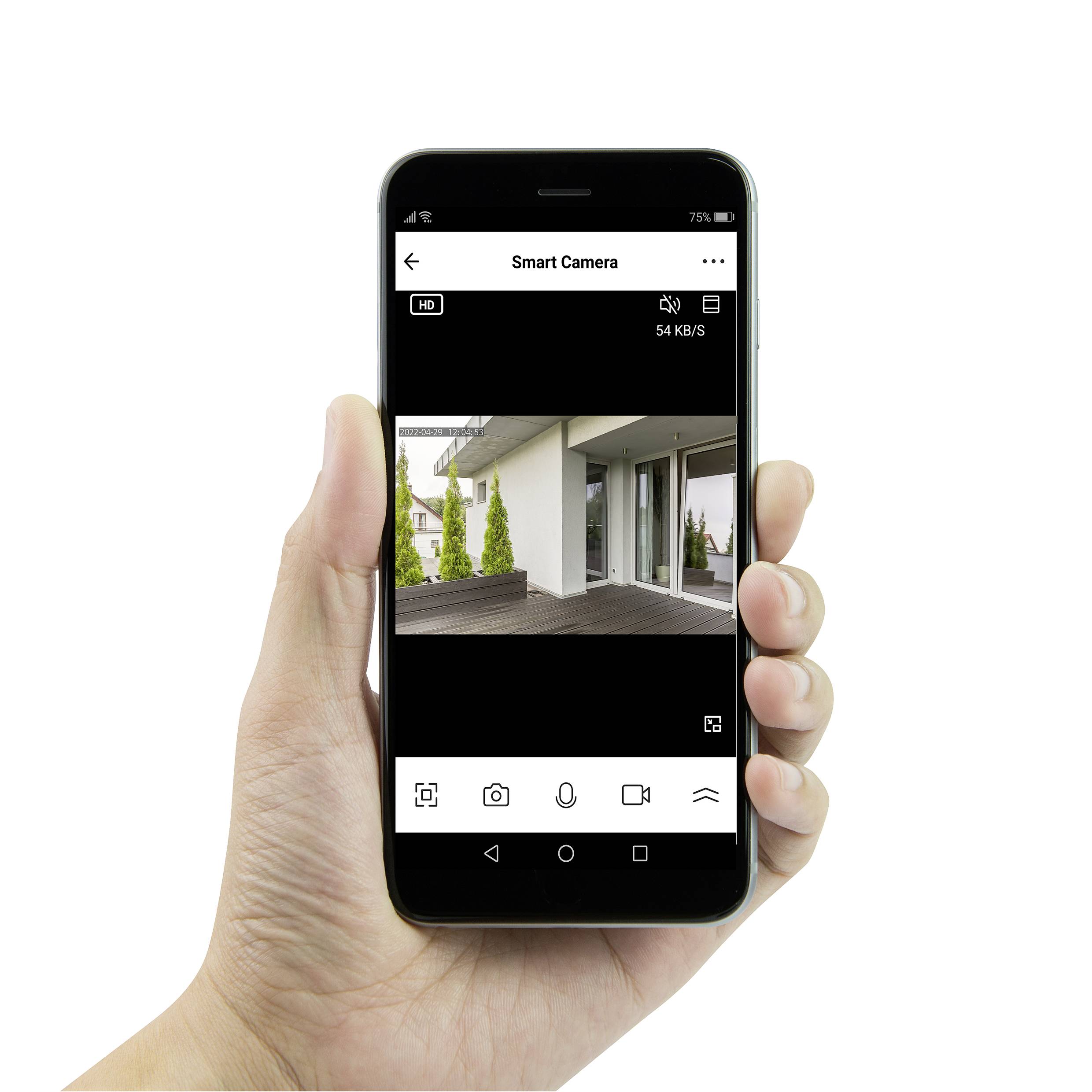 Hand hält ein Smartphone mit geöffneter Kamera-App, zeigt Hofansicht. Das Display zeigt Kamerasteuerungen und Verbindungsstatus.