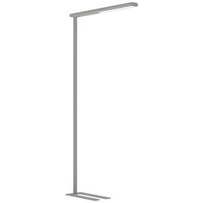 Stehleuchte in modernem Design mit schlankem, geradlinigem Ständer und rechteckigem, flachen Lampenschirm in Silber.