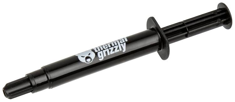 Schwarze Spritze mit der Aufschrift 'thermal grizzly', enthält Wärmeleitpaste, verwendet zur Kühlung von Computerprozessoren.