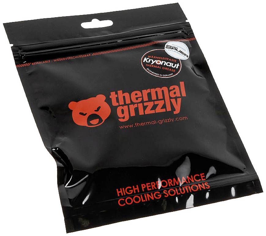 Schwarze Verpackung mit rotem 'thermal grizzly'-Logo und Text 'High Performance Cooling Solutions'. Enthält Wärmeleitpaste.