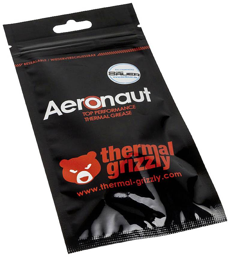Schwarze Verpackung von 'Aeronaut Top Performance Thermal Grease' mit dem Logo von Thermal Grizzly. Enthält Wärmeleitpaste.