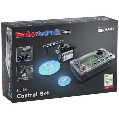 'Fischertechnik Plus Control Set' Verpackung zeigt ein Mikroservo, Control-Schnittstelle und App-Symbole. 'Made in Germany.'