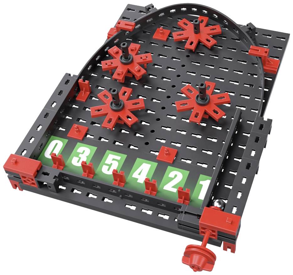 Ein schwarzer Baukasten mit roten Zahnrädern und einem Ziffernrad von 0 bis 5, das mechanisch dreht.