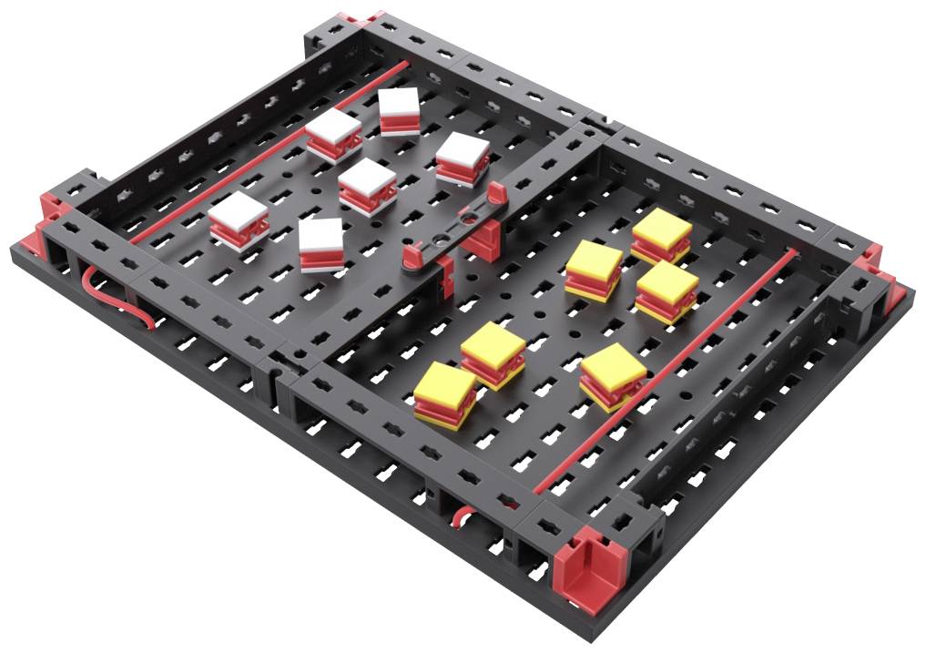 Eine schwarze Bauplatine mit roten und weißen Buchsen und Kabeln; dient zur Anordnung elektronischer Bauteile.