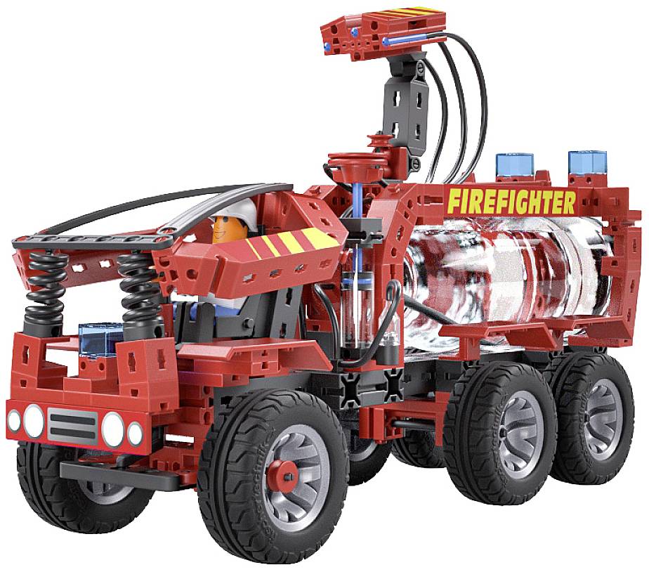 Ein rotes Feuerwehr-Spielzeugfahrzeug mit sechs Rädern und der Aufschrift 'Firefighter' auf der Seite.