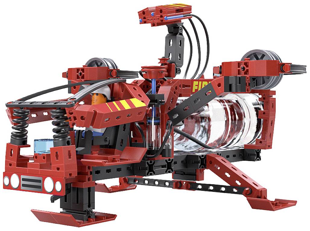 Ein rotes, ferngesteuertes Helikopterspielzeug mit sichtbaren Zahnrädern und Motoren, wahrscheinlich ein Bausatz für Kinder.