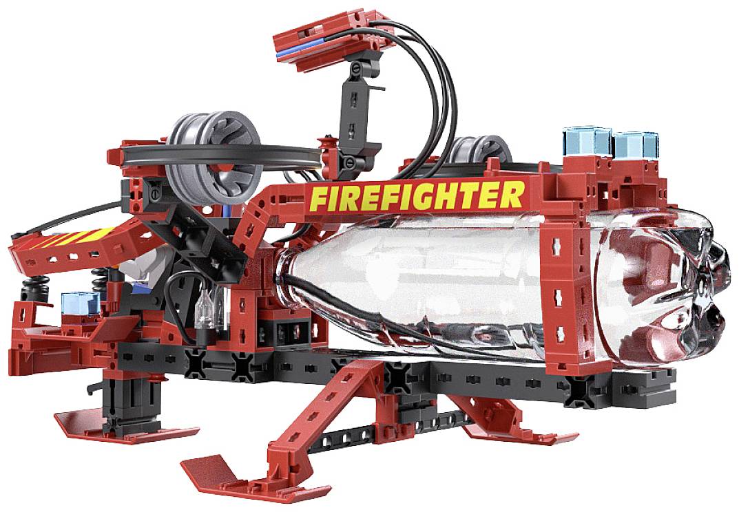 Ein rotes Robotergerät mit Beschriftung 'Firefighter' ausgestattet mit Flaschen als Antriebs- oder Lagereinheit.