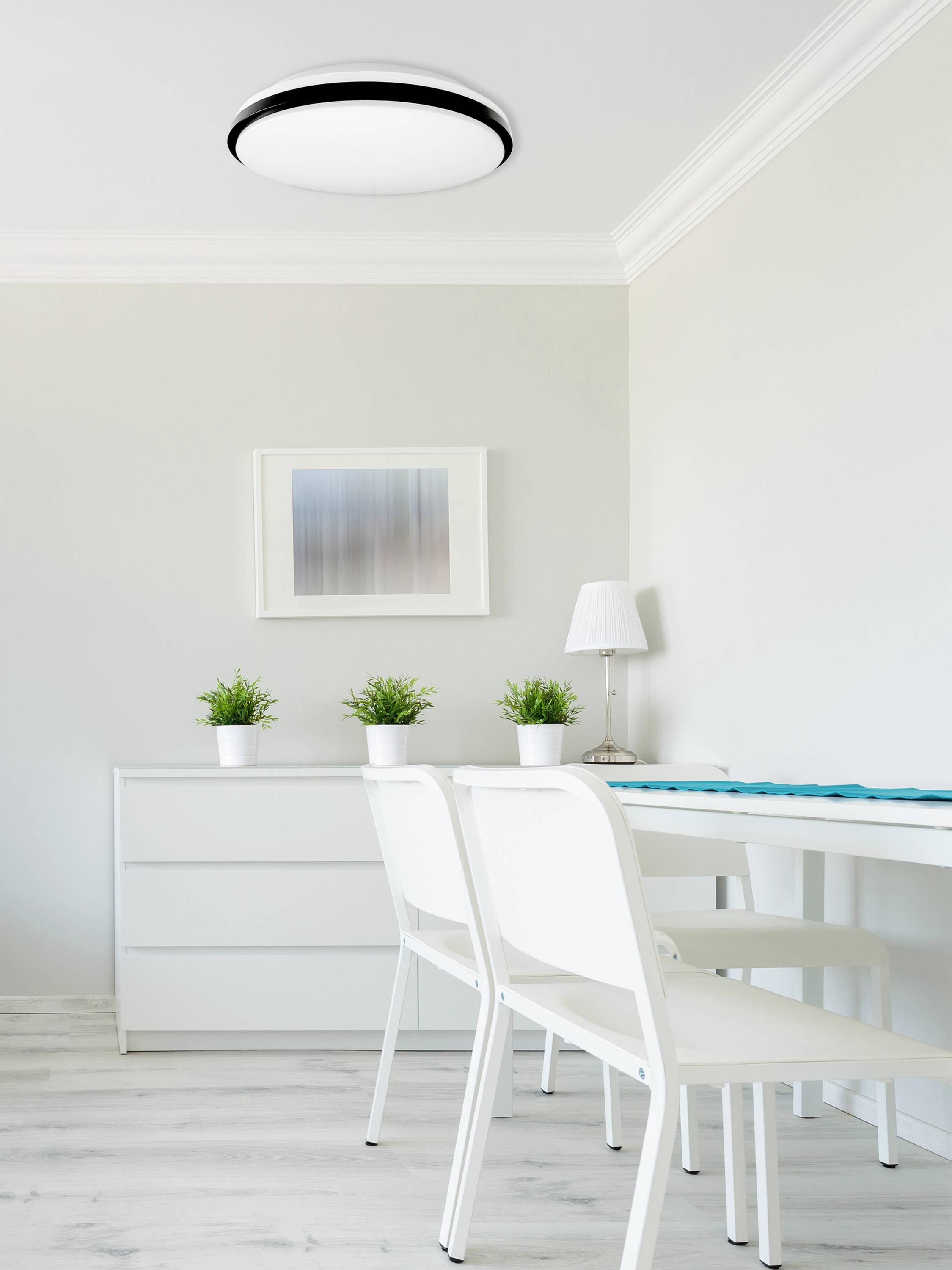 Esszimmer mit weißem Tisch, zwei Stühlen und drei Pflanzen auf einem Sideboard. Moderne Deckenleuchte und helles, minimalistisches Design.