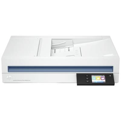 Ein weißer Flachbettscanner mit einem blauen Akzent und einem digitalen Display, das Steuertasten und Farboptionen zeigt.