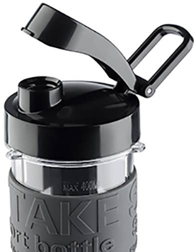 Eine schwarze Trinkflasche mit Klappdeckel und Karabinerhaken. Aufschrift auf der Flasche: 'Max 400 ml'.