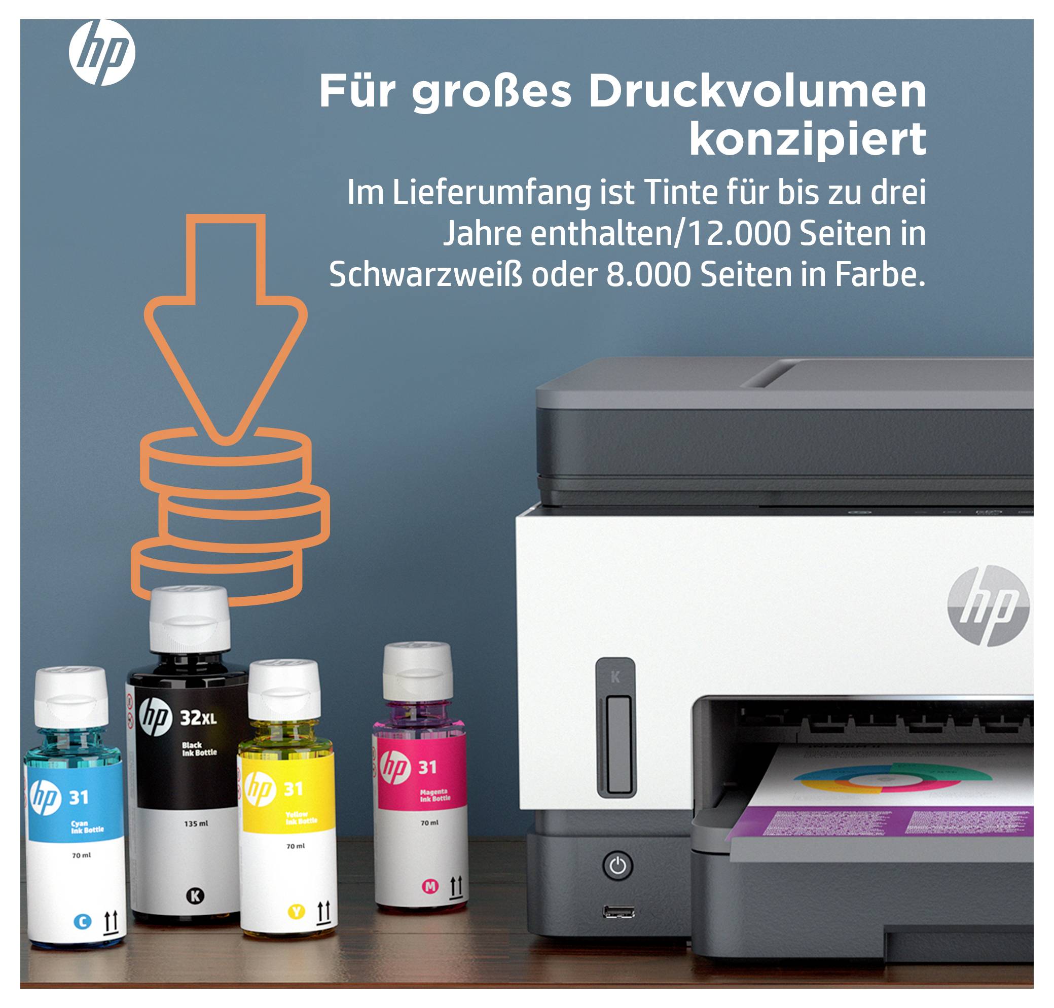 HP-Druckerwerbung mit großen Tintenflaschen und einem Drucker; der Text besagt, dass er für hohe Druckvolumina konzipiert ist und Tinte für bis zu 12.000 Seiten in Schwarzweiß oder 8.000 Seiten in Farbe enthält.