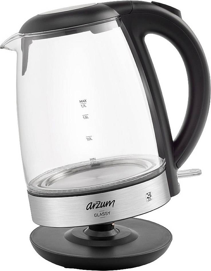Ein transparenter Wasserkocher mit schwarzem Griff und silberner Basis, zeigt Füllmarkierungen in Litern bis maximal 1,7L.