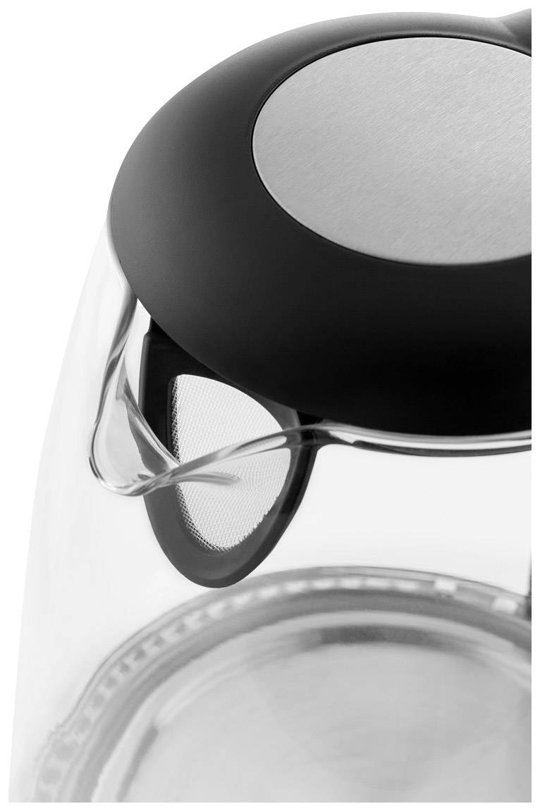 Oberer Teil eines transparenten Teekochers mit schwarzem Deckel und Sieb. Eignet sich zur Zubereitung von Tee direkt in der Kanne.