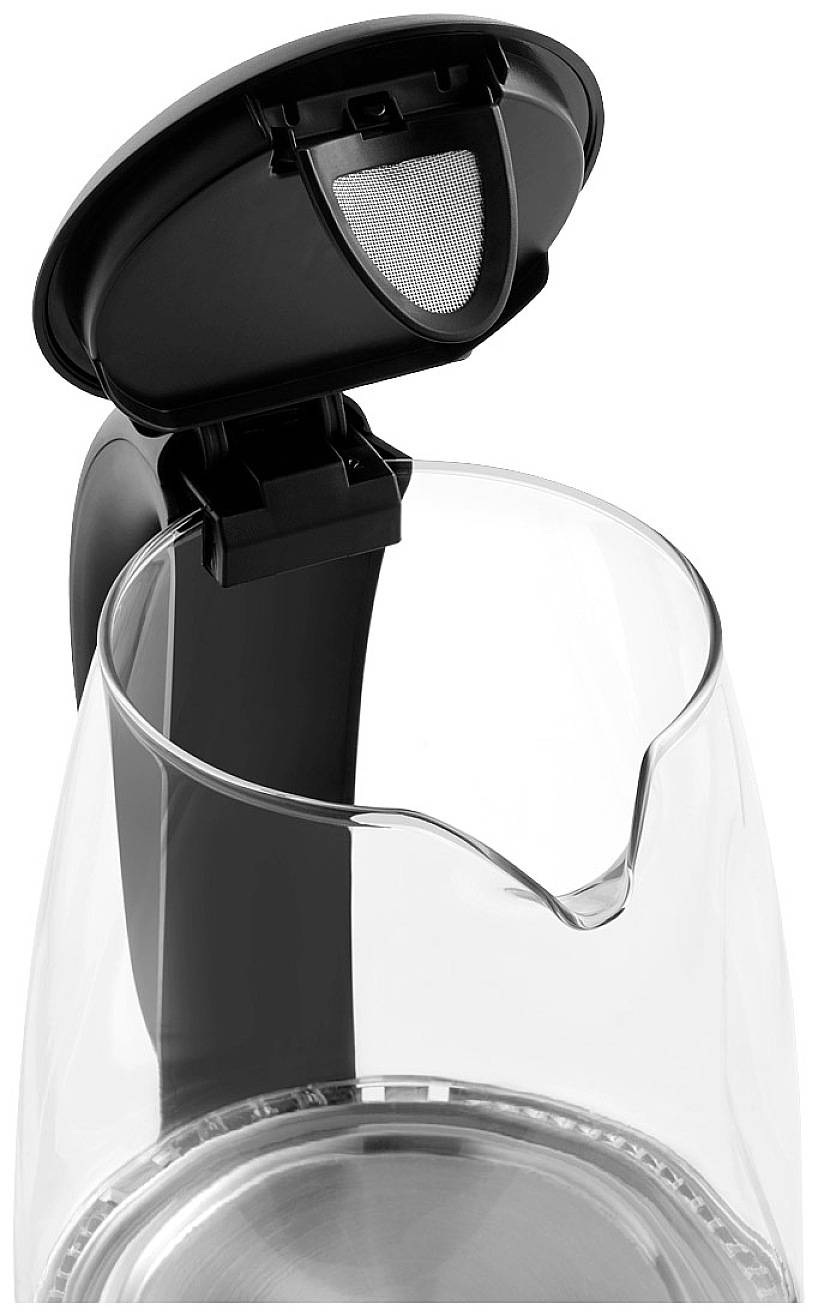 Ein geöffneter, transparenter Wasserkocher mit eingebautem Filter im Deckel, bereit zum Befüllen.
