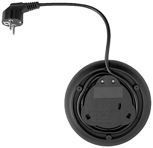 Schwarzes elektrisches Kabel mit Stecker und aufrollbarem Mechanismus, zeigt die Rückseite mit befestigtem Kabel.