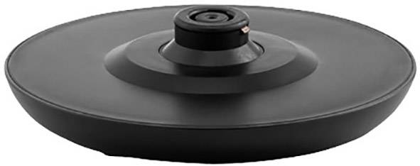 Rundes, schwarzes Gerät mit erhöhter Mitte, möglicherweise ein technisches oder mechanisches Teil, auf weißem Hintergrund.