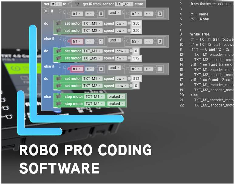 'ROBO PRO Coding Software' zeigt einen Bildschirm mit graphischer Programmierumgebung und Code-Elementen, die Motorsteuerungen definieren.