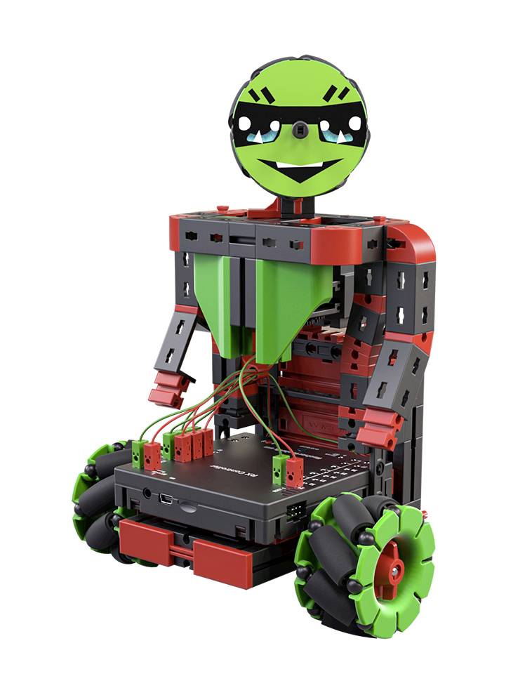 Kleiner zweirädriger Roboter mit lächelndem Gesicht und grüner Verzierung. Kabel und Bauteile im Inneren sichtbar.