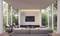 Modernes Wohnzimmer mit großen Glaswänden, Blick auf grünen Garten. Graues Sofa, Fernseher an der Wand, minimalistische Einrichtung.