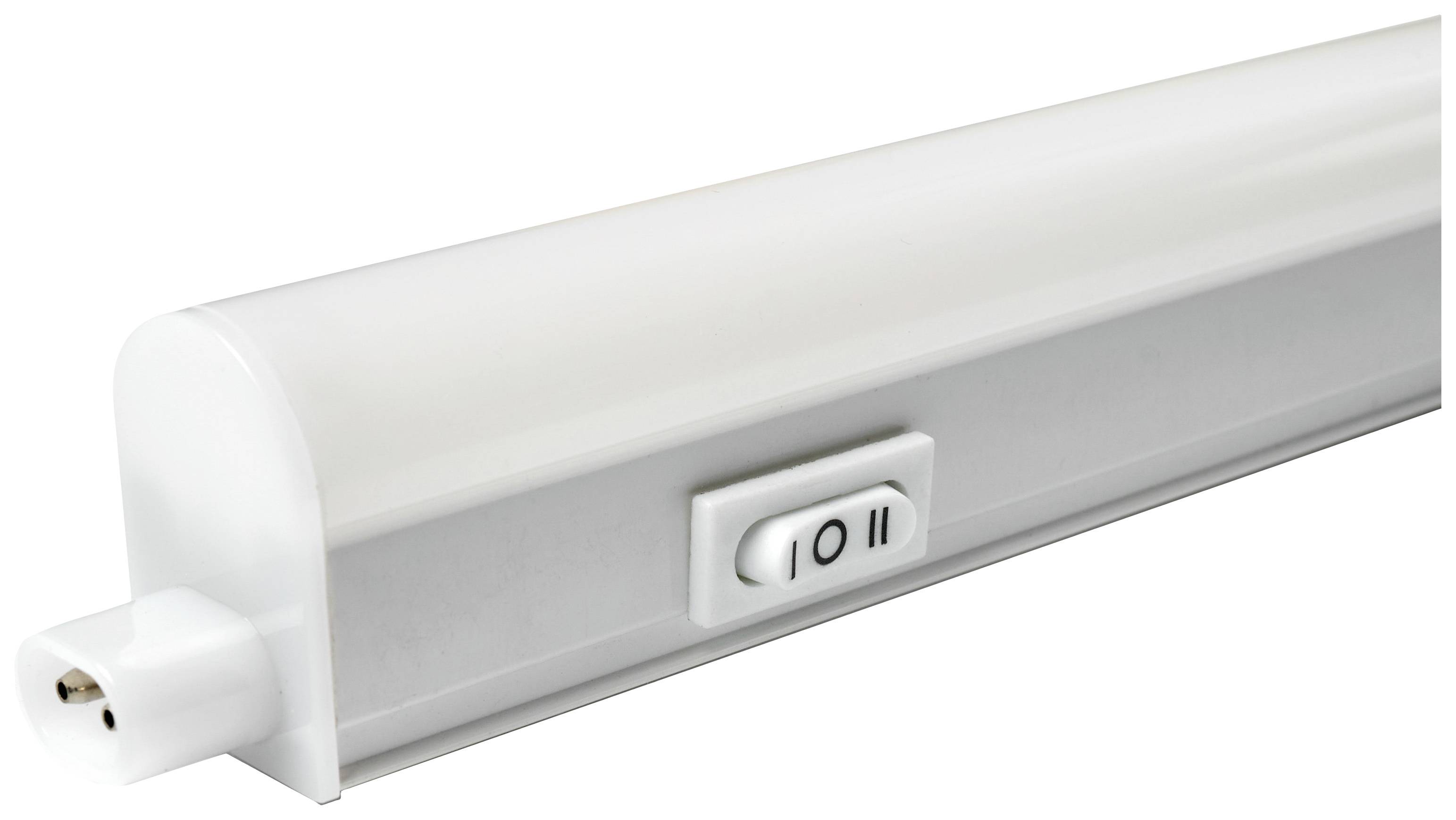 Lange LED-Leuchte mit weißem Gehäuse und seitlichem Ein/Aus-Schalter. Geeignet für Schreibtisch- oder Küchenbeleuchtung.