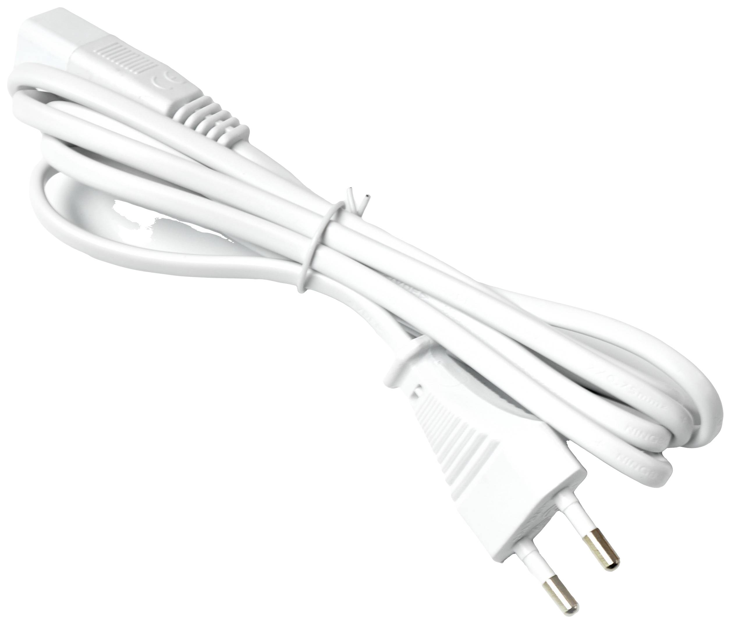 Weißes Netzkabel mit zweipoligem Eurostecker, aufgewickelt und mit Kabelbinder fixiert.