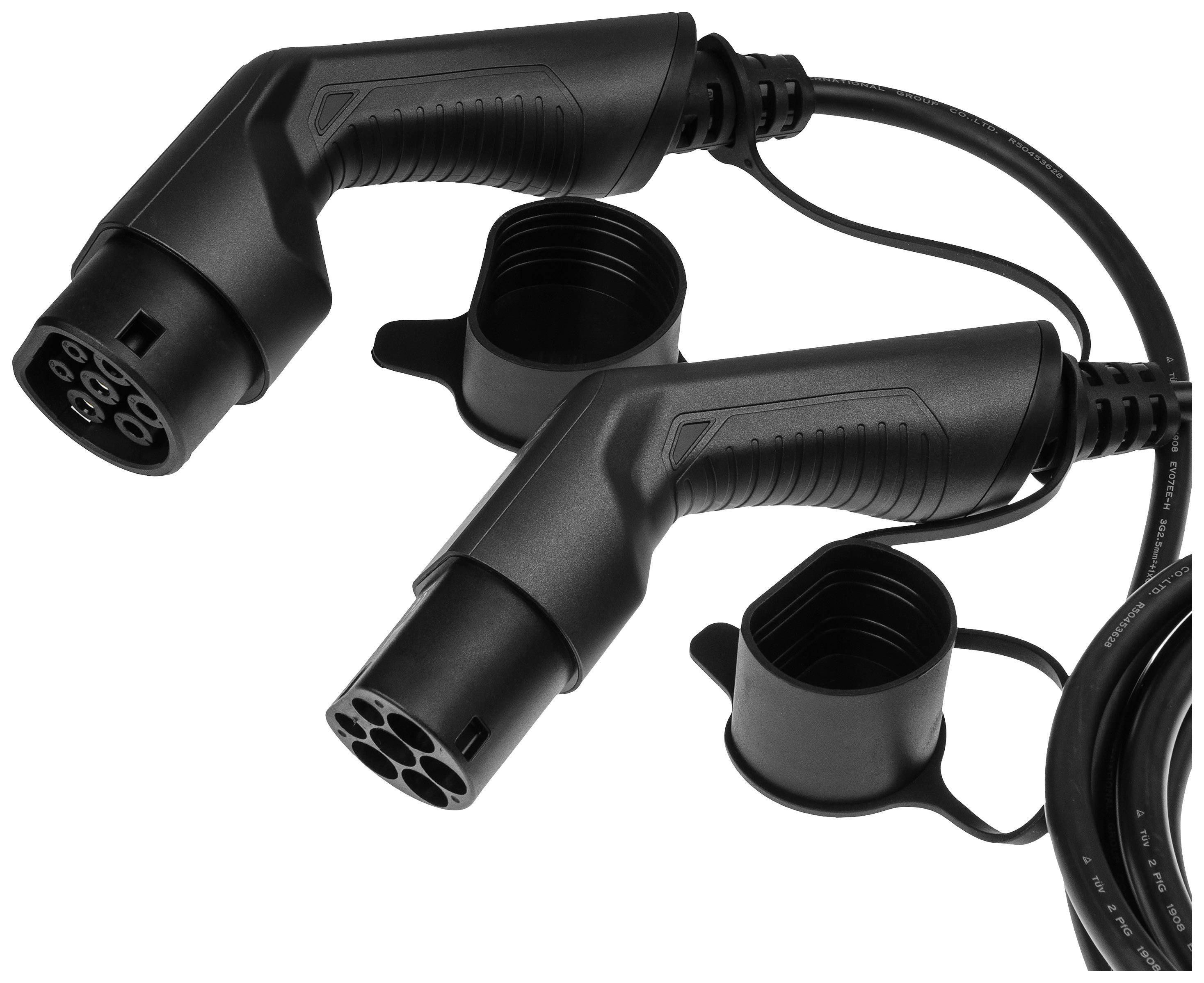 Zwei schwarze Elektroladekabel mit Steckern, die jeweils Schutzkappen haben. Sie sind für das Laden von Elektrofahrzeugen geeignet.