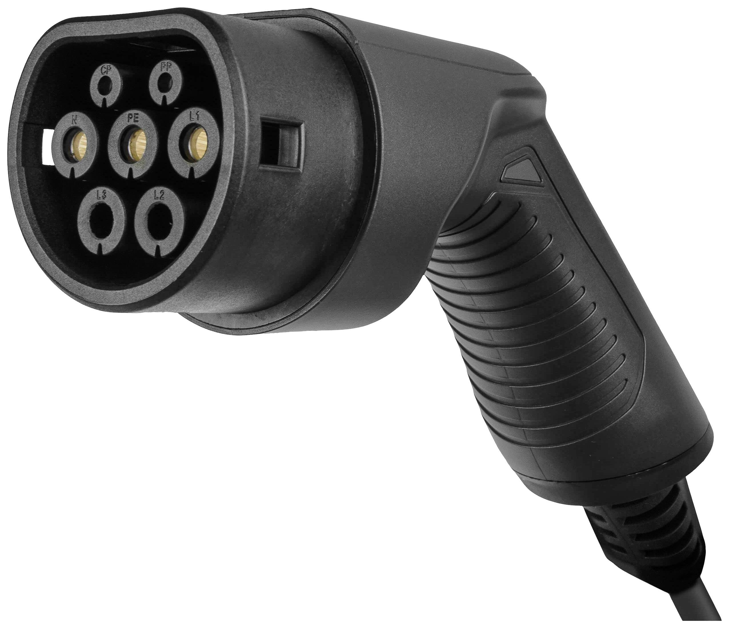 Ein schwarzer Ladestecker für Elektrofahrzeuge mit mehreren Metallkontakten, geeignet für das Aufladen an einer Ladestation.