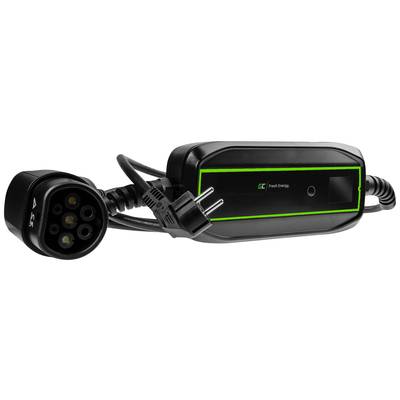 Schwarzes Ladekabel für Elektrofahrzeuge mit grünem Rand und einem zweipoligen Stecker. Der Ladestecker hat sieben Anschlüsse.