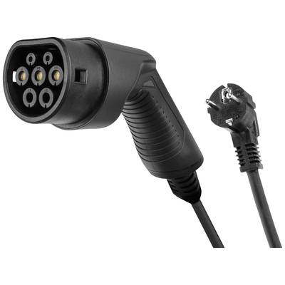 Ein schwarzes Ladekabel für Elektrofahrzeuge mit einem Typ-2 Stecker auf der linken Seite und einem Schuko-Stecker auf der rechten Seite.