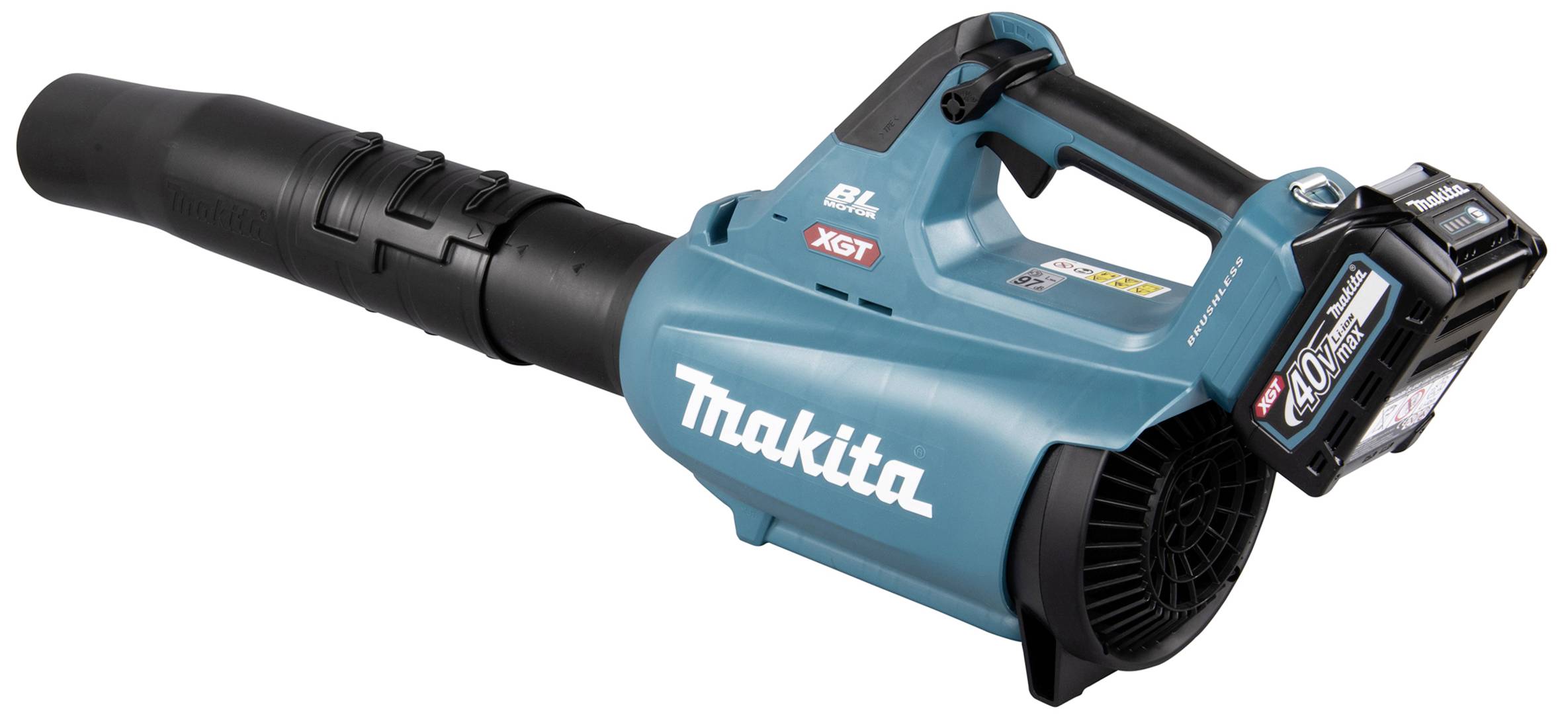Ein blauer, kabelloser Laubbläser von Makita mit Akku, Modell XGT, liegt seitlich. Er hat einen ergonomischen Griff und eine breite Düse.