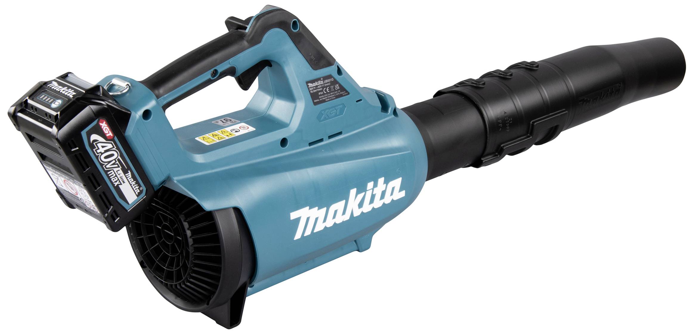 Ein kabelloser Laubbläser der Marke Makita, blau-schwarz, mit einem 40V-Akku.