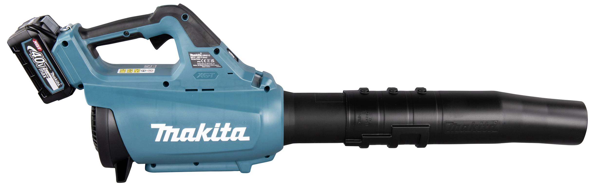 Elektrischer Laubbläser in Blau-Schwarz; markiert mit 'Makita'. Er hat einen ergonomischen Griff und abnehmbaren Akku.