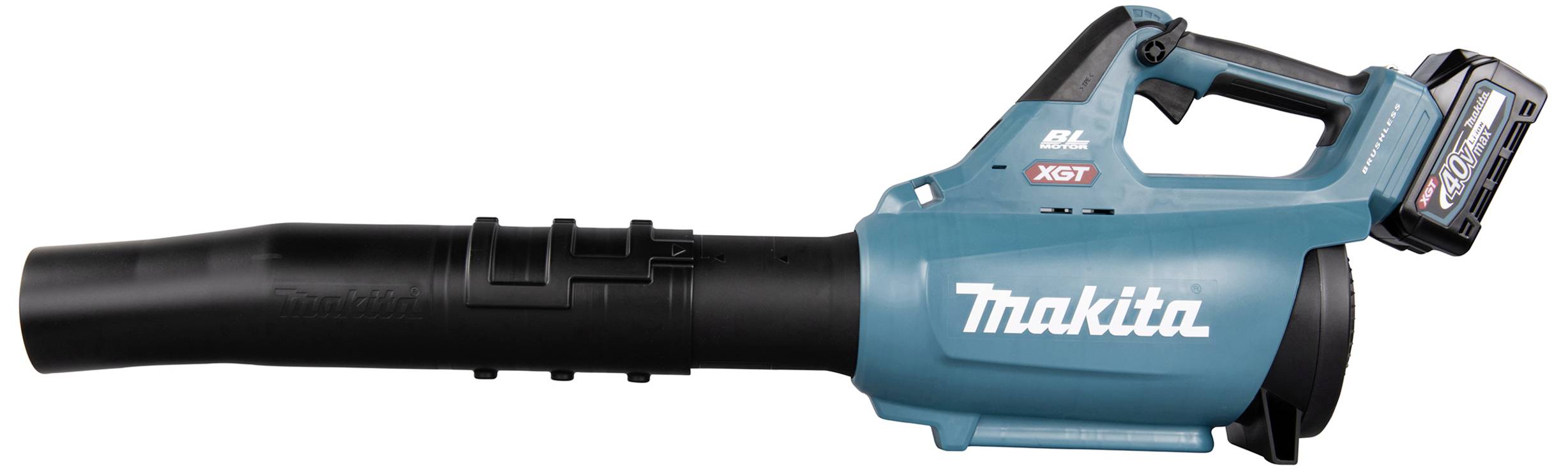 Laubbläser der Marke Makita mit blauem Gehäuse und schwarzem Blasrohr. Akku-betrieben mit ergonomischem Griff.
