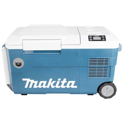 Der blaue Makita-Kühl- und Heizbox mit Griff und Rädern. Oben ein Bedienfeld mit LCD-Anzeige. Ideal für Outdoor-Aktivitäten.