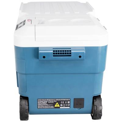 Tragbarer Kühlbox mit Rädern in Blau und Weiß, Lüftung vorne, Aufkleber mit Warnhinweisen und Schalter an der unteren Ecke.