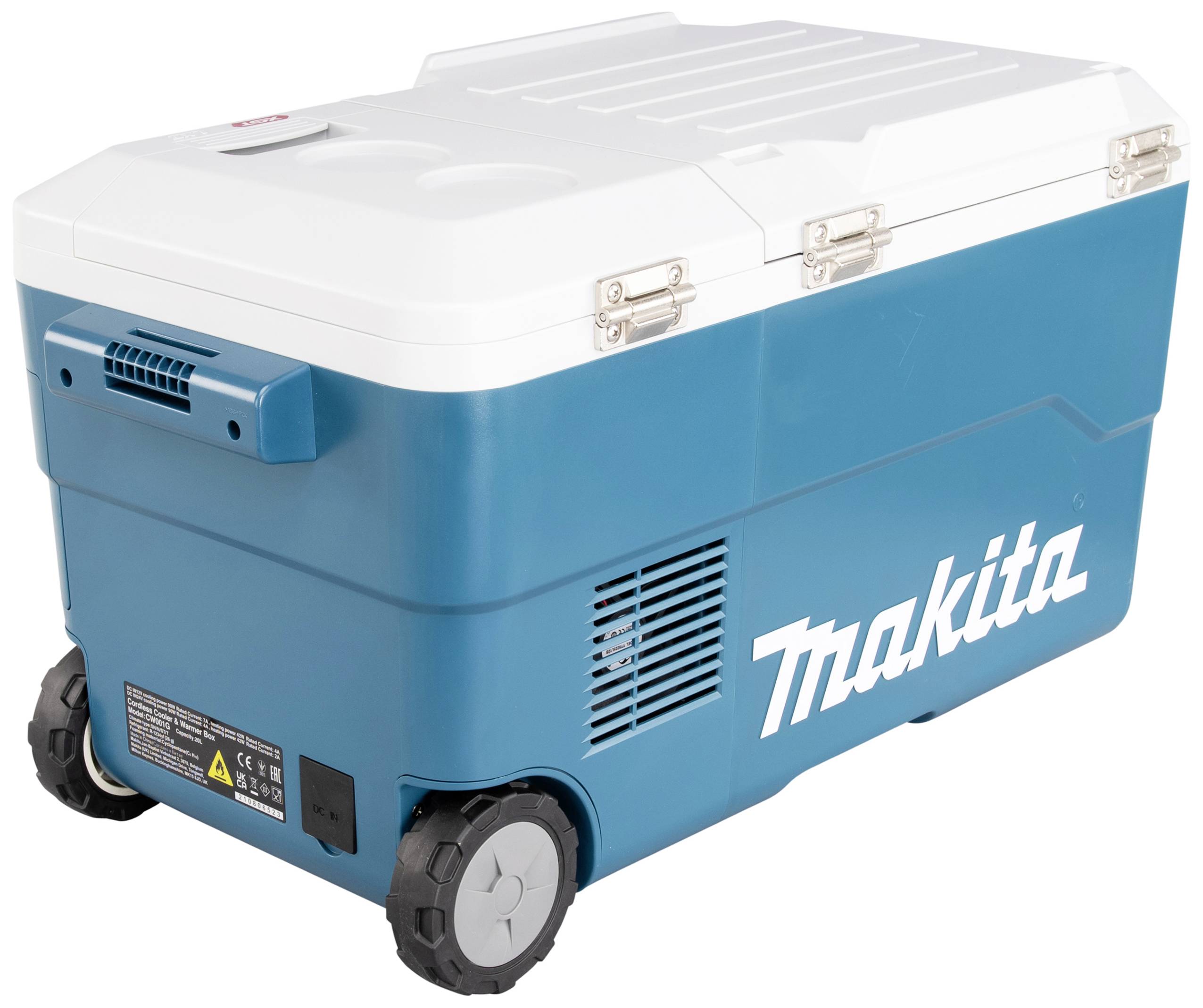 Ein blauer und weißer Makita-Kühler mit Rädern und Griffen. Er ist tragbar, mit Metallverschlüssen und Lüftungsgitter an der Seite.