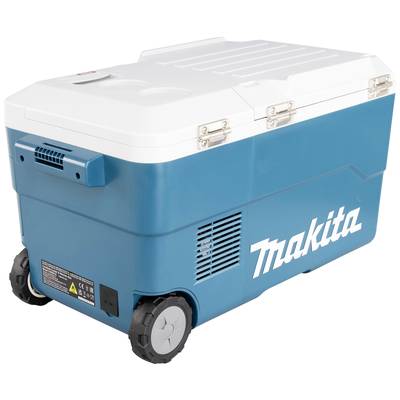 Ein blauer und weißer Makita-Kühler mit Rädern und Griffen. Er ist tragbar, mit Metallverschlüssen und Lüftungsgitter an der Seite.
