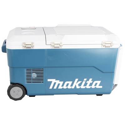 Ein tragbarer, blauer Makita-Kühler mit einem Griff und zwei Rädern, ideal für den Transport und das Kühlen von Getränken.