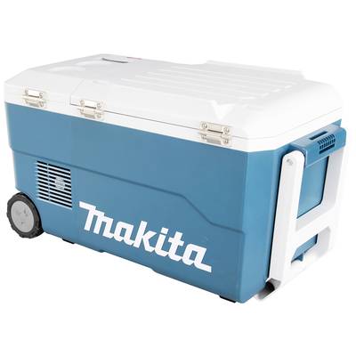 Kühlbox mit Rädern und Griff, blau-weiß mit Makita-Logo. Ideal zum Transport von Getränken und Lebensmitteln.