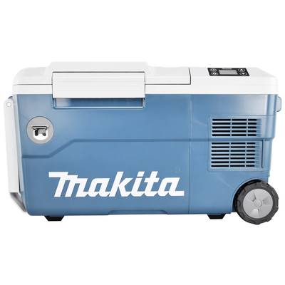 Ein blauer Makita-Kühlbox, seitliche Ansicht. Sie hat Räder und einen Griff oben, ideal für mobilen Einsatz.